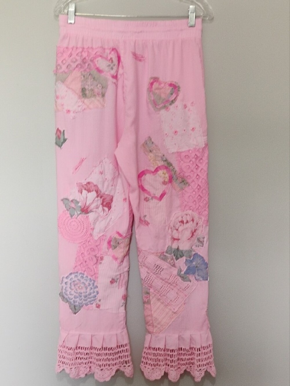 Upcycled Pink Patchwork Bloomer Pants Lace Trim, Cottagecore Floral Applique - Picture 7 of 11